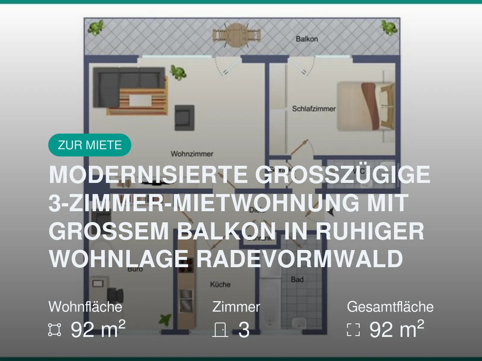 Neu im Angebot: MODERNISIERTE GROSSZÜGIGE 3-ZIMMER-MIETWOHNUNG MIT GROSSEM BALKON IN RUHIGER WOHNLAGE RADEVORMWALD